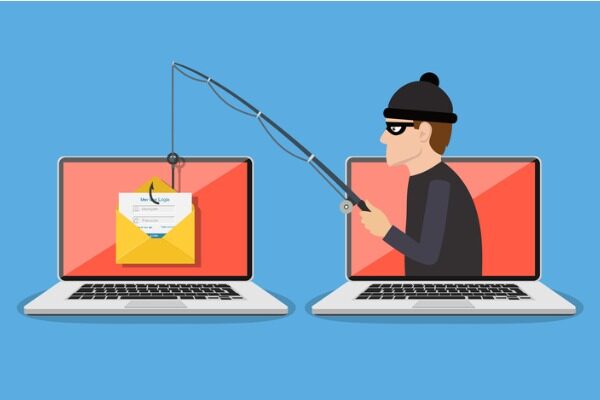 An illustration of a hacker with a fishing rod, jumping out of one computer and 'phishing' an email out of another computer.